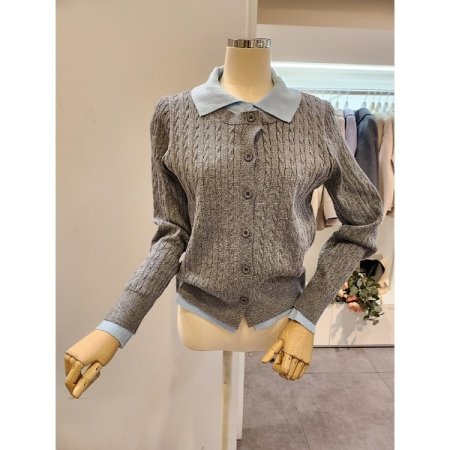 카라 배색 꽈배기 가디건