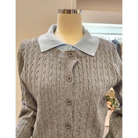 카라 배색 꽈배기 가디건