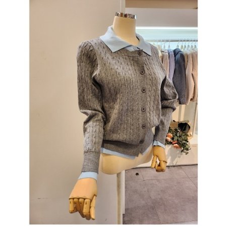 카라 배색 꽈배기 가디건