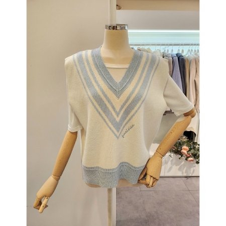 배색 브이넥 루즈핏 니트조끼