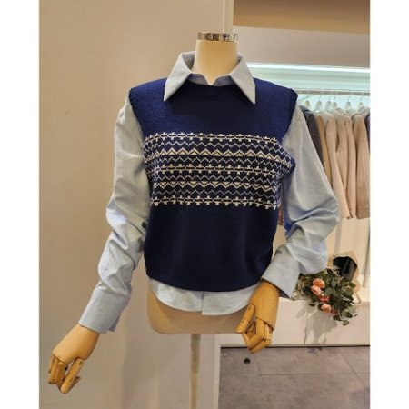 라운드넥 패턴 니트조끼 셔츠 세트