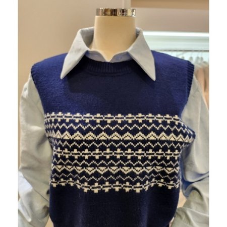 라운드넥 패턴 니트조끼 셔츠 세트