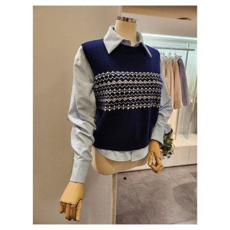 라운드넥 패턴 니트조끼 셔츠 세트