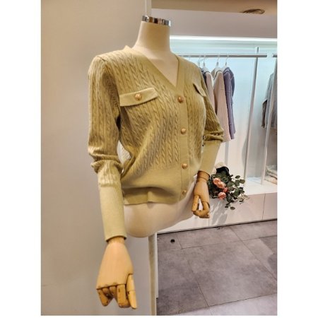 금장 단추 브이넥 케이블 가디건