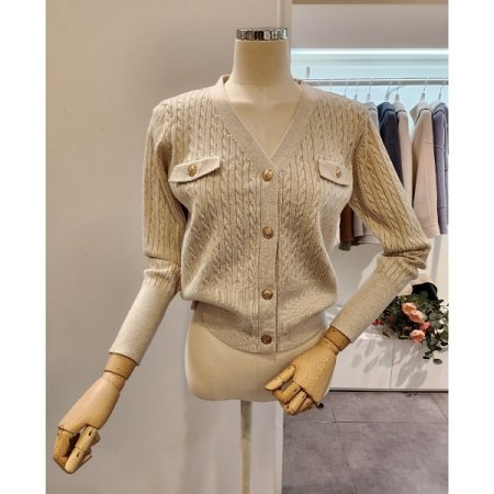금장 단추 브이넥 케이블 가디건