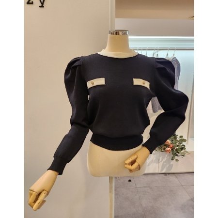 어깨 핀턱 퍼프 배색 니트