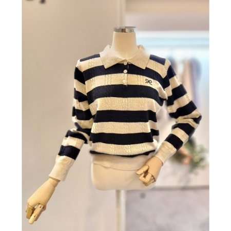 리본 스트라이프 카라 니트