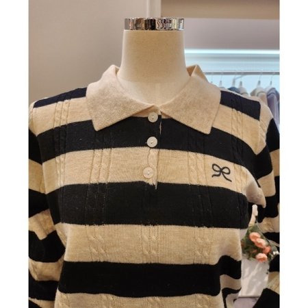 리본 스트라이프 카라 니트