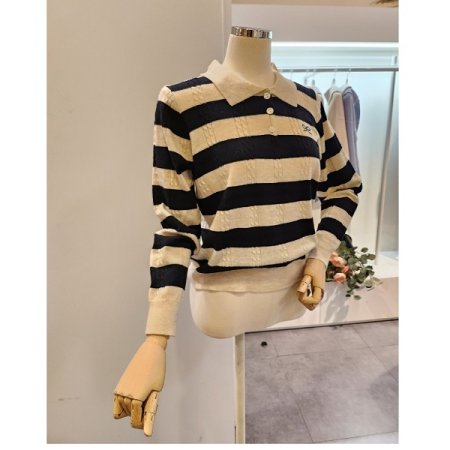 리본 스트라이프 카라 니트