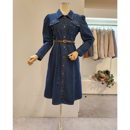 어깨 퍼프 벨티드 데님 원피스