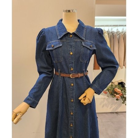 어깨 퍼프 벨티드 데님 원피스