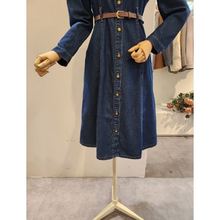 어깨 퍼프 벨티드 데님 원피스