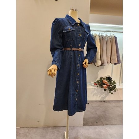 어깨 퍼프 벨티드 데님 원피스