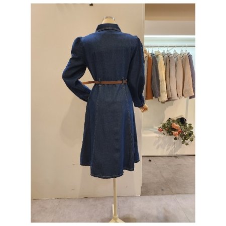 어깨 퍼프 벨티드 데님 원피스