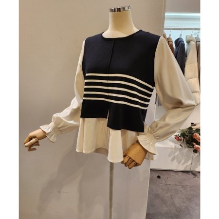 스트라이프 니트 배색 블라우스