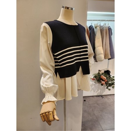 스트라이프 니트 배색 블라우스