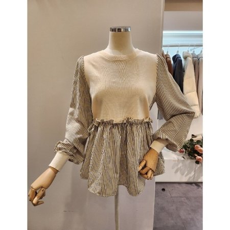 양리본 스트라이프 배색 블라우스