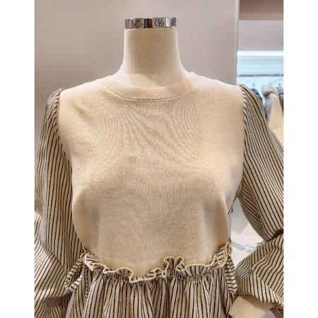 양리본 스트라이프 배색 블라우스