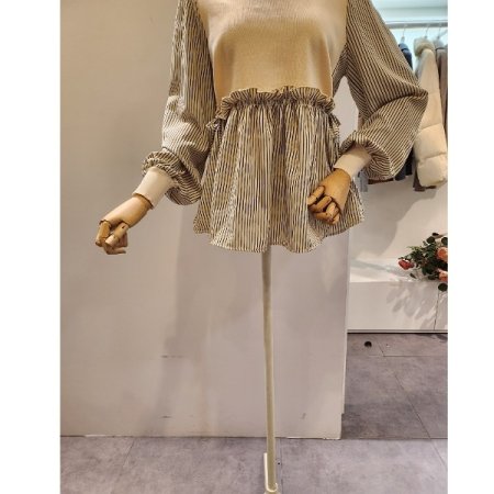 양리본 스트라이프 배색 블라우스