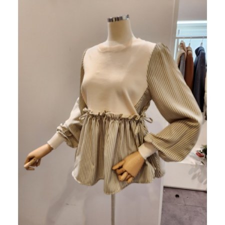 양리본 스트라이프 배색 블라우스