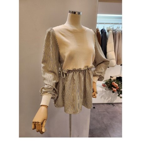 양리본 스트라이프 배색 블라우스