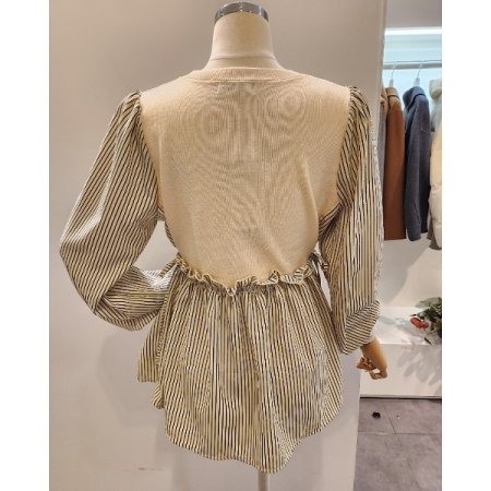 양리본 스트라이프 배색 블라우스