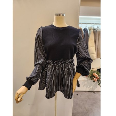 양리본 스트라이프 배색 블라우스