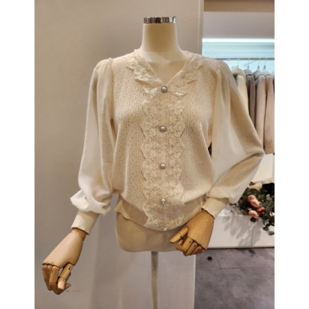 브이넥 레이스 쉬폰소매 니트