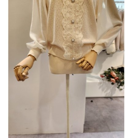 브이넥 레이스 쉬폰소매 니트