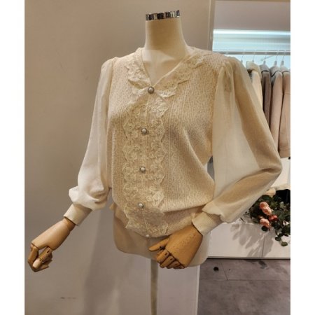 브이넥 레이스 쉬폰소매 니트