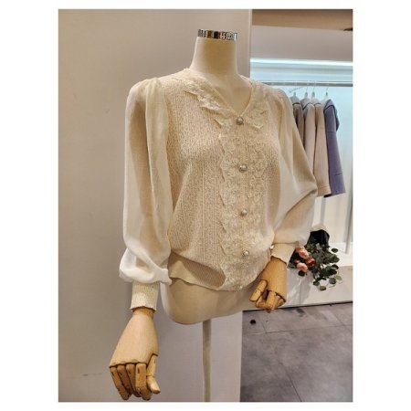 브이넥 레이스 쉬폰소매 니트