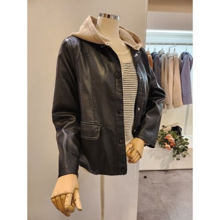 니트 후드 레자 자켓