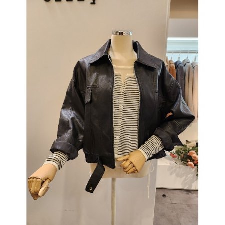 밑단밴딩 집업 레자 자켓