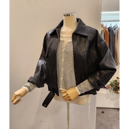 밑단밴딩 집업 레자 자켓