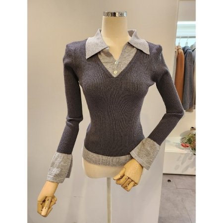 배색 카라 골지 니트