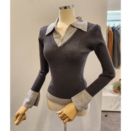 배색 카라 골지 니트