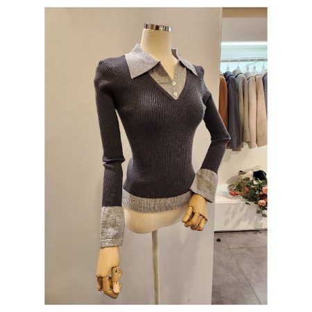 배색 카라 골지 니트