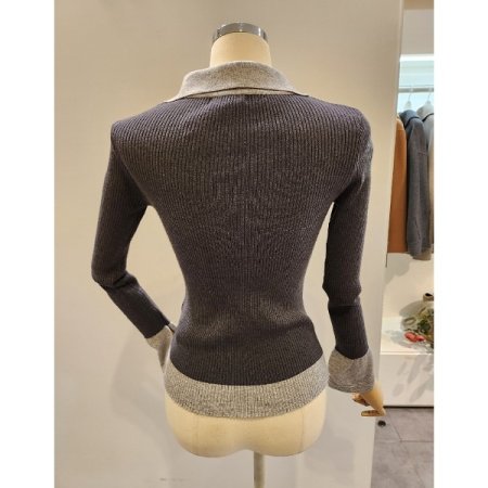 배색 카라 골지 니트