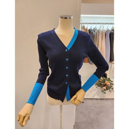 배색 포인트 골지 브이넥가디건