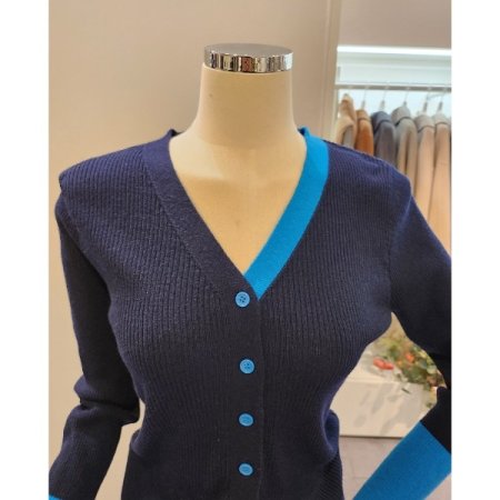 배색 포인트 골지 브이넥가디건