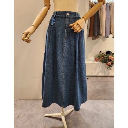 뒷 밴딩 핀턱 데님 스커트