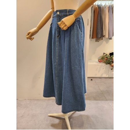 뒷 밴딩 핀턱 데님 스커트