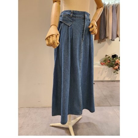 뒷 밴딩 핀턱 데님 스커트