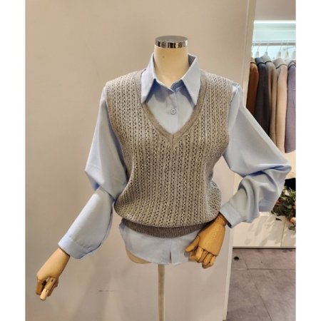 꽈배기 니트조끼 셔츠 세트