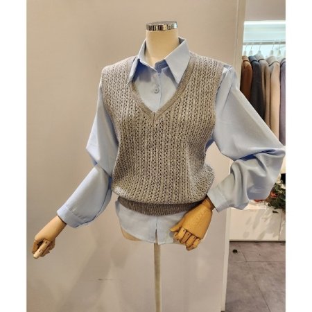 꽈배기 니트조끼 셔츠 세트