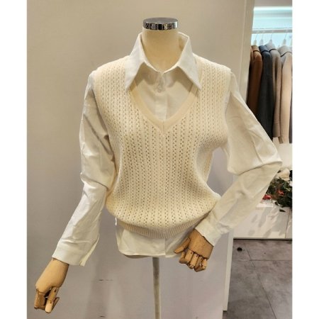 꽈배기 니트조끼 셔츠 세트