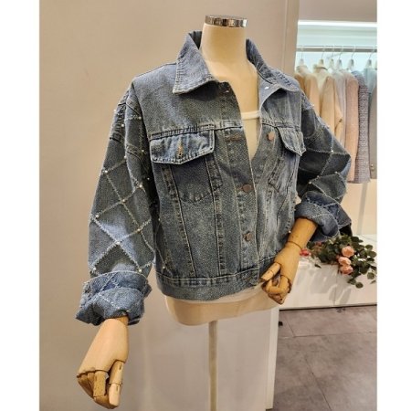 진주 장식 데님 자켓