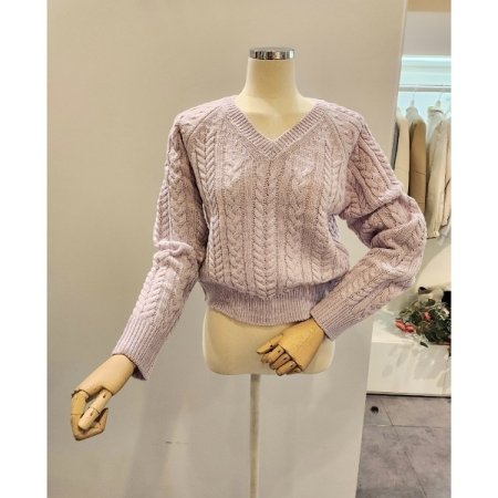 브이넥 꽈배기 숏 니트