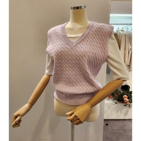 브이넥 심플 케이블 니트조끼