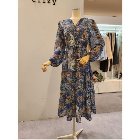 브이넥 스트링 프린트 원피스